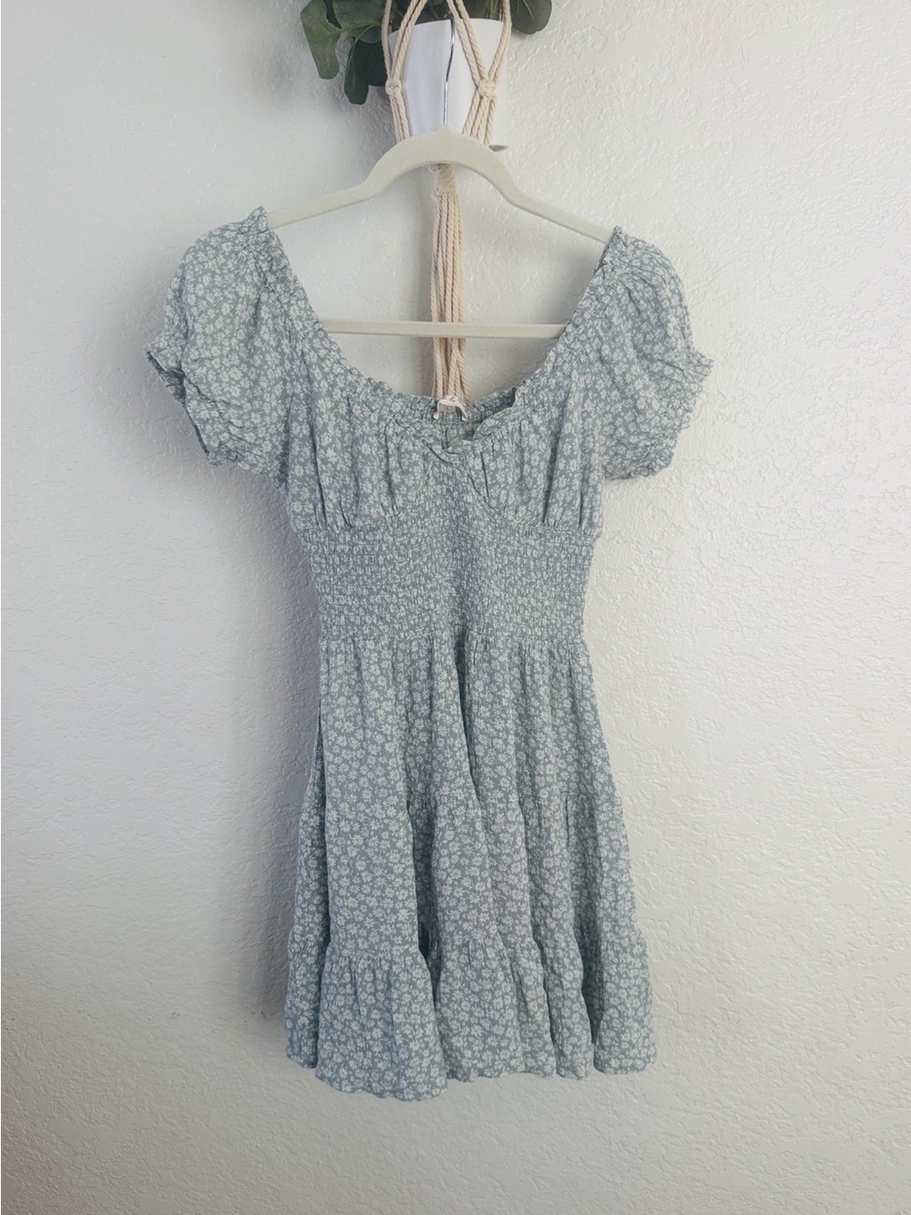 Smocked Floral Mini Dress in Light Blue